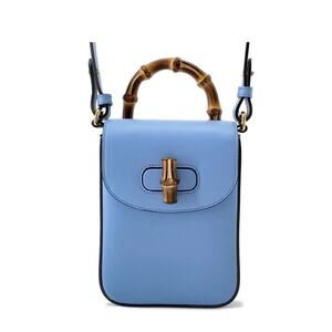 Gucci Bamboo 2 Way Shoulder Bag Women's Blue Leather Top Handle Crossbody NIB